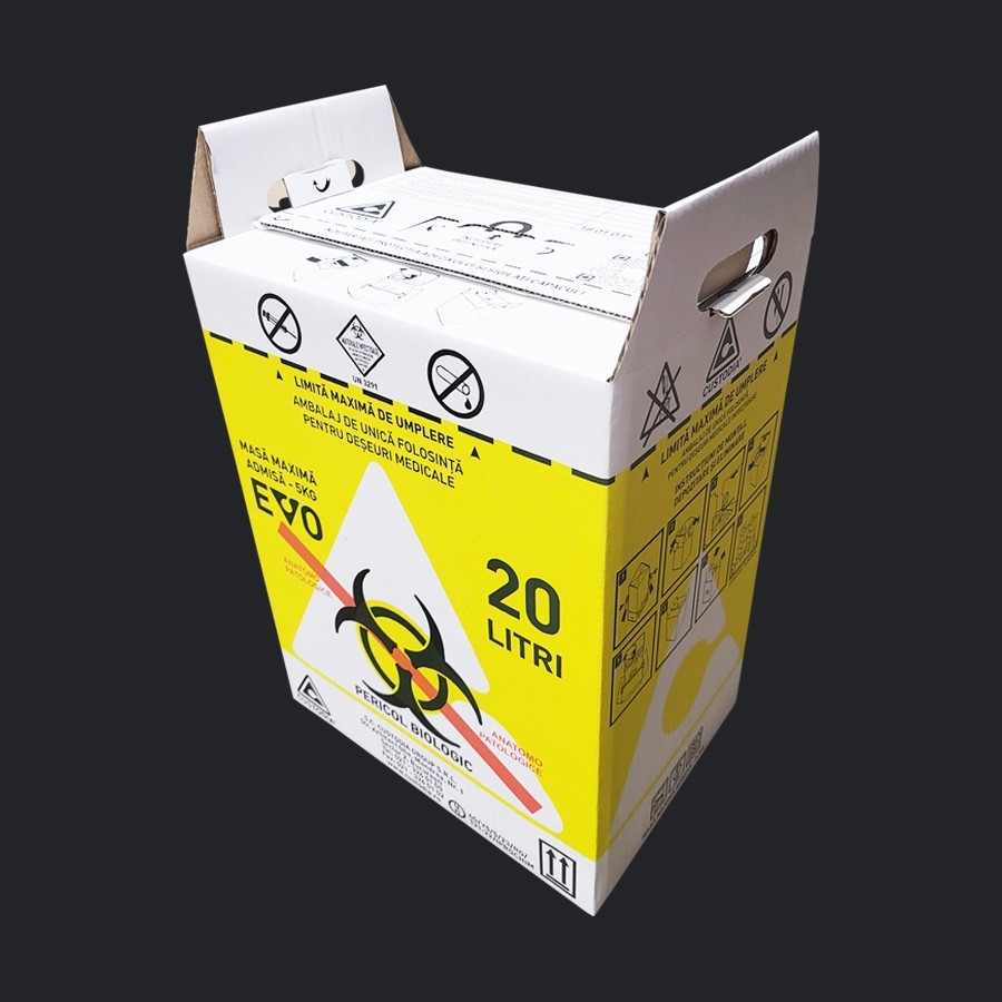 Cutie (recipient) EVO de carton, volum 20 litri, pentru deseuri anatomo- patologice, cabinet medical