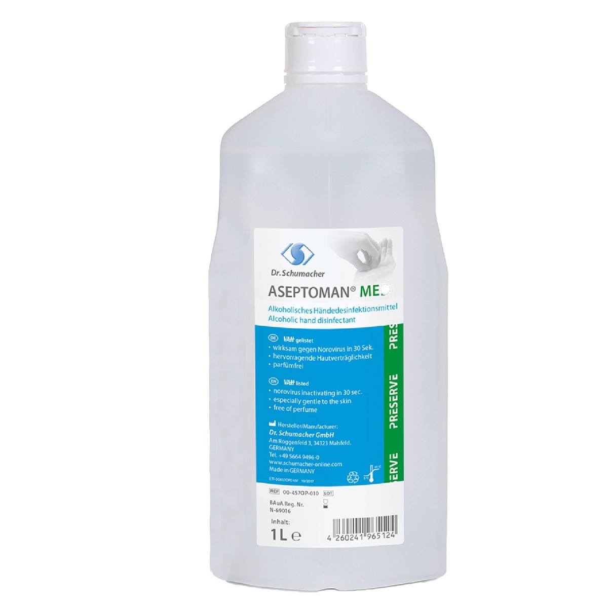 Dezinfectant alcoolic medical pentru maini, gata de utilizare, Dr. Schumacher, ASEPTOMAN® MED, 1 L