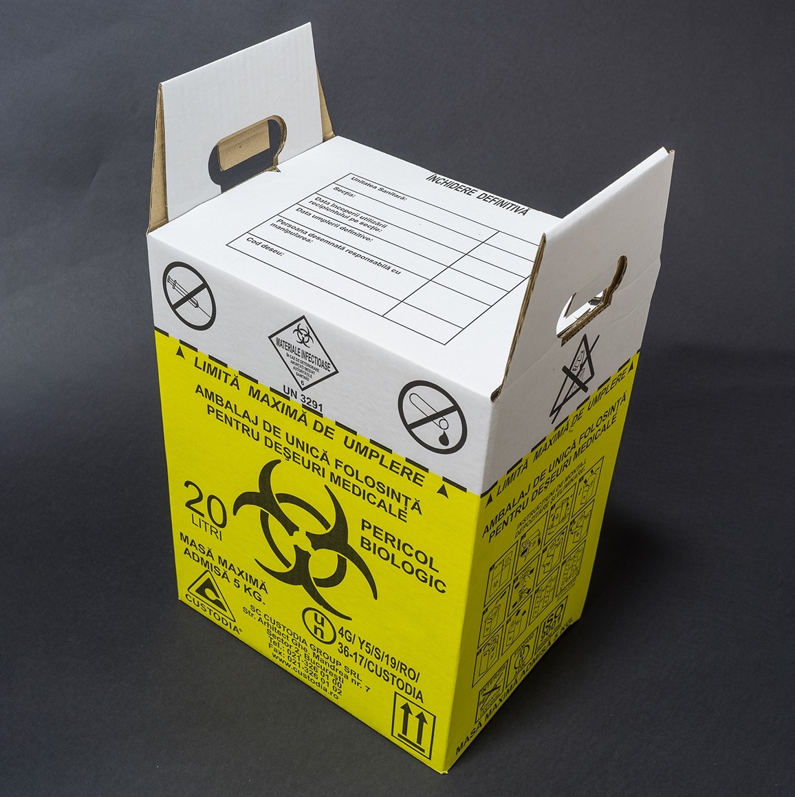 Cutie (recipient) de carton, volum 20 litri, colectare deseuri medicale infectioase, cabinet medical