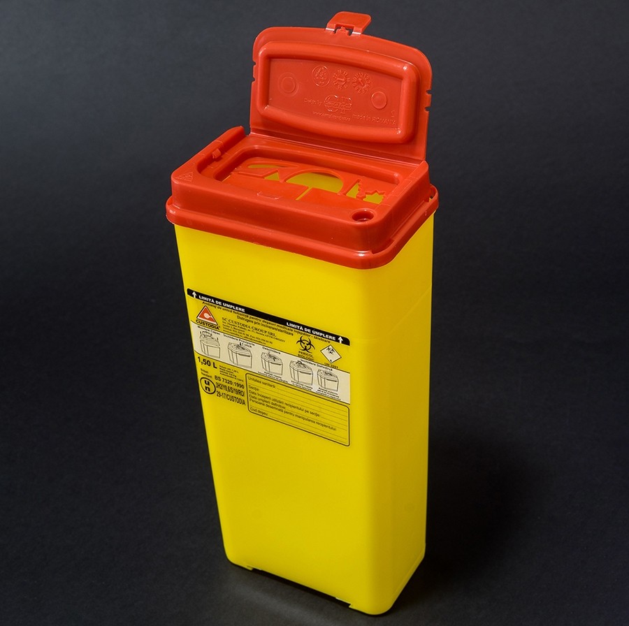 Cutie (recipient) de polipropilena, volum 1,5 litri, deseuri intepatoare-taietoare, cabinet medical