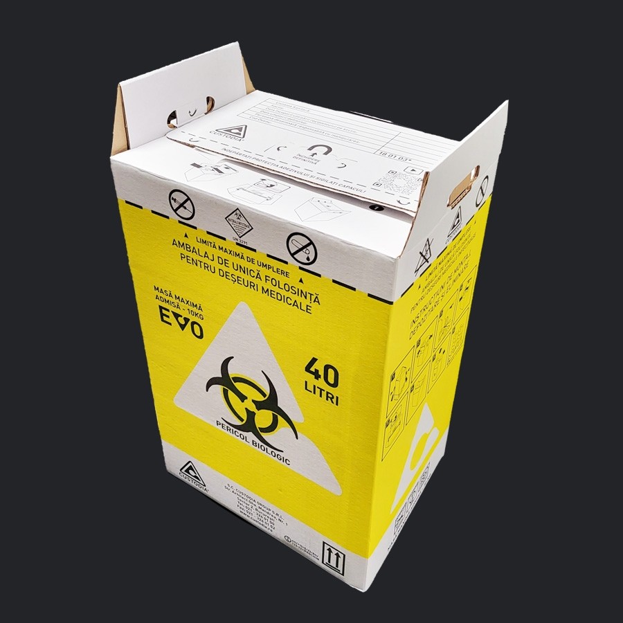 Cutie (recipient) EVO de carton, volum 40 litri, inchidere cu banda adeziva, colectare deseuri medicale infectioase