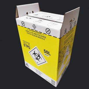 Cutie (recipient) EVO de carton, volum 50 litri, inchidere cu banda adeziva, colectare deseuri medicale infectioase