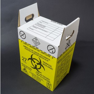 Cutie (recipient) de carton, volum 27 litri, colectare deseuri medicale infectioase, cabinet medical
