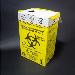 Cutie (recipient) de carton, volum 40 litri, colectare deseuri medicale infectioase, cabinet medical